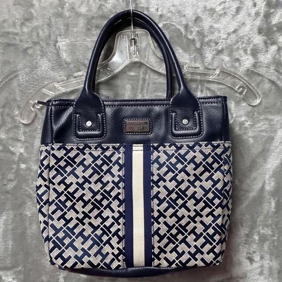 Tommy Hilfiger Monogram Signature Tote Hand-Bag Purse Navy Blue and Off White - Picture 1 of 12